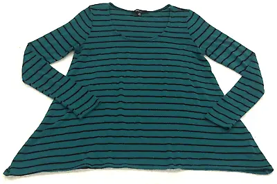 XAI Womens Top Size M Green Black Striped Stretch Scoop Neck Long Sleeve • $13.49
