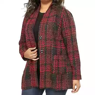 Lane Bryant Tweed Plaid Boucle Blazer Jacket Red/Black Metallic Size 14/16 Plus • $30