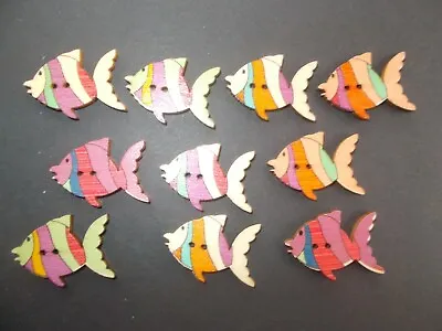 £1.99 • Buy 10 New Fish Shaped Wooden Buttons Assorted Pattern Sewing Crafts 