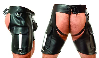 Men's Real Leather Chaps Shorts Fishhook Buckle Detachable Codpiece Cargo Pocket • $99