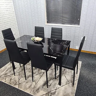 £249.99 • Buy Black Dining Table Set And 6 Black Chairs Marble Effect Glass Kitchen Set Of 6 