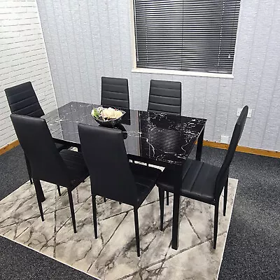 Black Dining Table Set And 6 Black Chairs Marble Effect Glass Kitchen Set Of 6  • £129.99