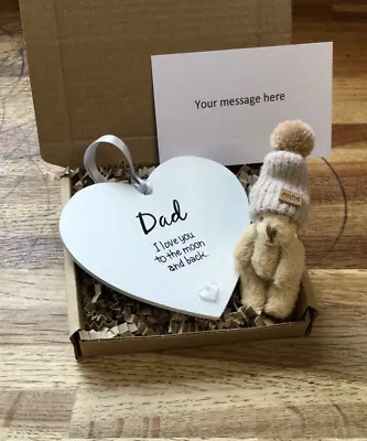 Birthday Gifts For Dad I Love You To The Moon And Back Wooden Heart & Teddy Hugs • £15.50