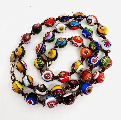 Murano Venetian Millefiore Colorful Glass Beaded Necklace 20” Vintage Jewelry • $79.99