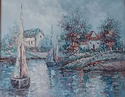 Marie Charlot Painting - RARE Boat Coastal Harbor Scene Brilliant Colors • $199.99