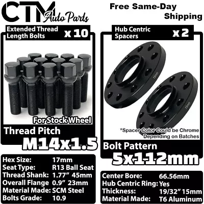 2x 15mm Thick 5x112 66.56mm CB Wheel Spacer Black Bolt Fit Mercedes Stock Wheels • $55.19