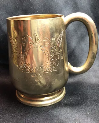 Vintage Brass Cup Tankard Mug Etched Floral Design 5”x 5.5” • $20