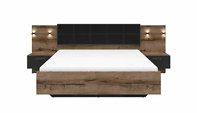 £779.95 • Buy Luxury Euro King Size Bed Frame Headboard LED Light USB Bedside Oak Black Kassel