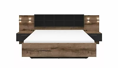 Luxury Euro King Size Bed Frame Headboard LED Light USB Bedside Oak Black Kassel • £794.95