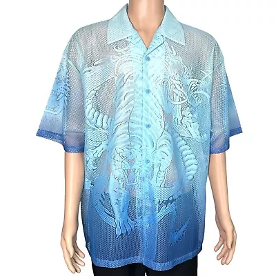 RARE Vintage Sullivan Premium Mens XL Blue Button Up Asian Dragon Lace Shirt • $98.96