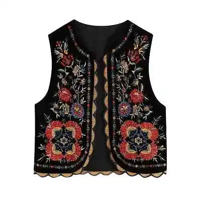 New Women Vintage Sequins Flower Embroidery Vest Jacket Patchwork Casual Velvet • $31.05