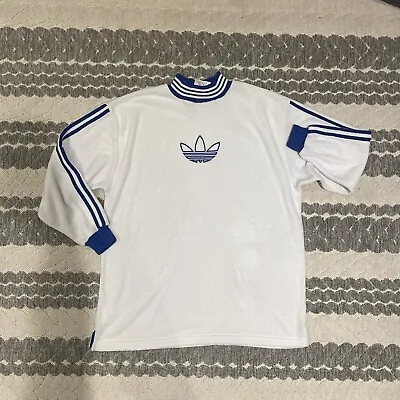 Vintage 90s Adidas Center Logo Fleece White Sweatshirt Size Large Triple Stripes • $35