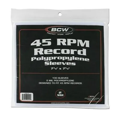 Pack / 100 BCW 45 RPM Record Acid Free Archival 2-Mil Poly Sleeves 7 3/8 X 7 5/8 • $13.09