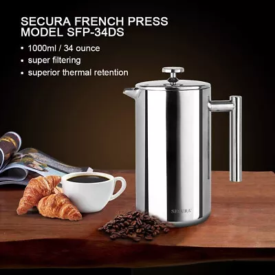 34oz French Press Coffee Maker 304 Stainless Steel Double Insulated 2Ex Filter • $33.99