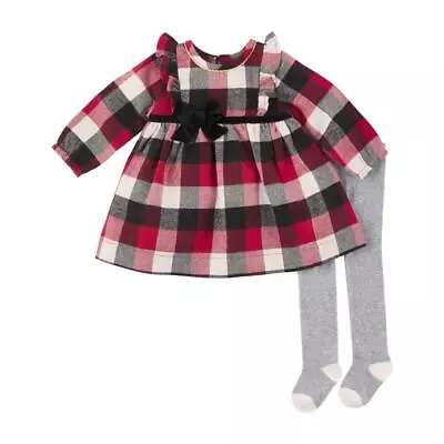 Mud Pie Kids Red White Black Buffalo Check Christmas Dress And Tight Set • $39.99