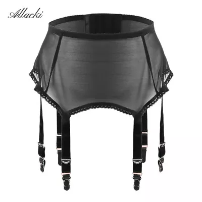 Allacki Sexy Sheer Mesh Garter Belt 6 Straps Suspender For Stockings(S~3XL) • $13.30
