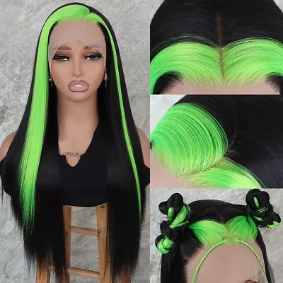 Synthetic Lace Front Wigs Black Long Straight Hair Fluorescent Green Highlights • $39.51