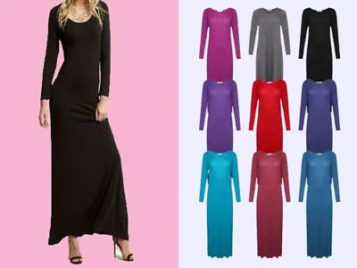 Womens Long Sleeve Long Maxi Dress Ladies Plain Maxi Jersey Plus Size 8-26 • £6.99