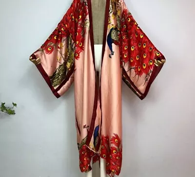 Red Peacock Kimono Batwing Cardigan Silky Robe Beach Kaftan Robe White Abaya • $49.22