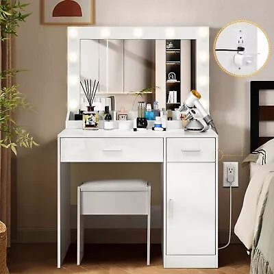 Makeup Vanity Desk With Mirror Lights & Power Outlet With Drawers And Cabinet • $168.99