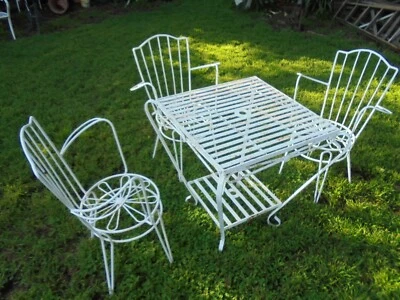 $650 • Buy Original Retro Wrought Iron Outdoor Garden Setting Table And Chairs