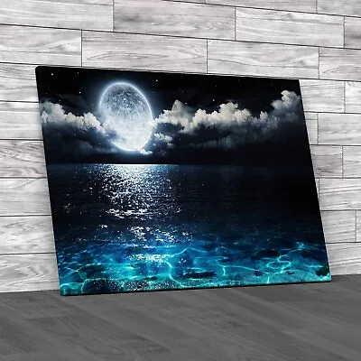 Romantic Full Moon Sea Scenic Panorama Canvas Print Large Picture Wall Art • £59.95