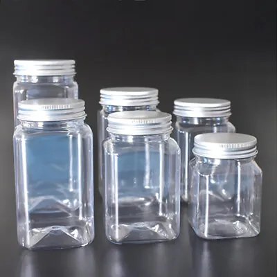 Plastic Clear Storage Jar With Screw Top Lid Candy Foods Square Containers Pots • $6.15