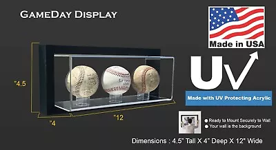 Secure Mount Framed Acrylic Wall Mount Three 3 Baseball Display Case MLB • $49.84