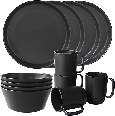 12Pc Unbreakable Melamine Dinner Set Dinning Plates Bowl Cup Service For 4 Black • £44.95
