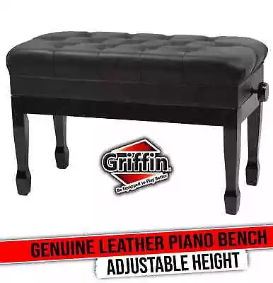 GRIFFIN Genuine Leather Piano Bench | Oversize Duet Vintage Black Solid Wood • $214.36