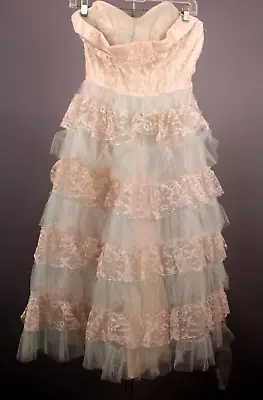 Vtg Women's 50s Pink & Blue Lace & Tulle Formal Gown 1950s XXS/XS Prom Dress • $99