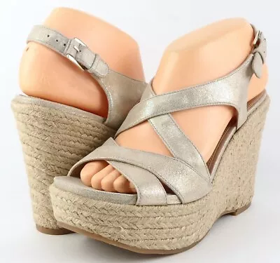 $185 VIA SPIGA EUGENA Gold Suede Designer Espadrille Platform Wedges 8.5 • $53.99