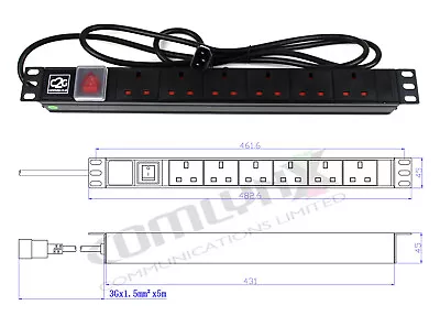 5M LEADED 19  6 Way UK Power Distribution Unit + IEC C14 UPS PLUG Mains PDU Rack • £35.99