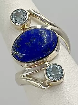 Sterling Silver 925 Modernist Lapis Lazuli & Blue Topaz Bypass Ring Size 6 • $34.97