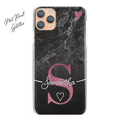 Personalised Initial Phone Case;Pink Heart On Black Marble Hard Cover With Name • $33.56