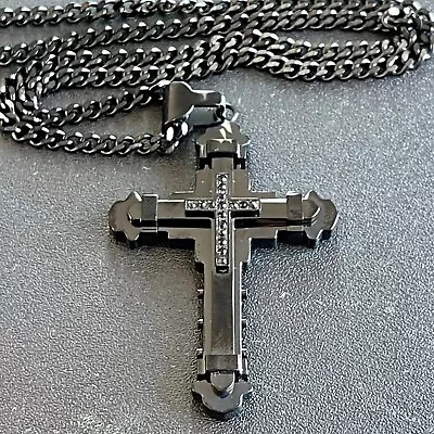 Mens Stainless Steel Necklace Cross Pendant 24'' Black Cross Necklace Diamond CZ • $14.38