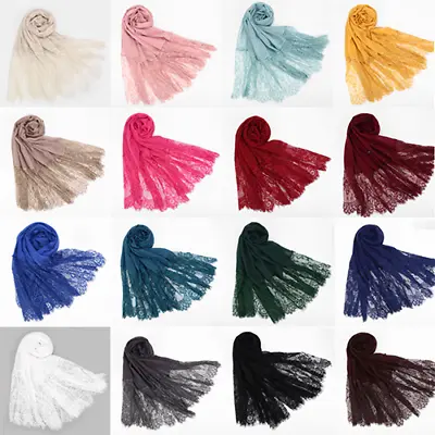 Women's Lace Scarf Hijab Maxi Shawl Head Wrap Flower Soft Cotton Muslim Scarves • £10.68