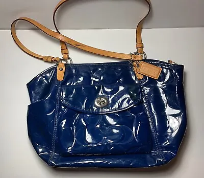Coach Signature Leah Embossed Patent Leather Shoulder Blue Tote Bag F14663 Purse • $40.85