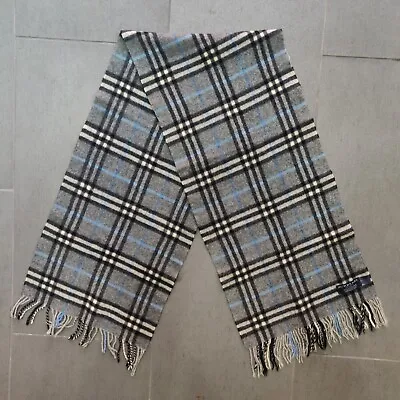 Vintage Burberry London Grey Blue Check 100% Cashmere Muffler Scarf 50  2000s • $109.24