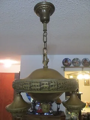 Vintage Antique 1920's Mission Brass 3 Light Hanging Ceiling Fixture Chandelier • $169