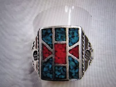 Men's Sterling Silver Turquoise & Coral Ring - Size 11 Or 11 1/2 • $106.50