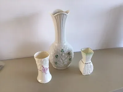 £8.99 • Buy Belleek Ivory Shamrock/Basketweave Vase And 2 Miniature Belleek Vases, One Pink