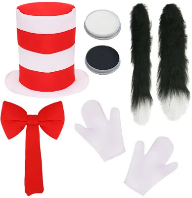 Crazy Cat In Hat Costume Set World Book Day Gloves Bow Tie Tail Fancy Dress • £12.99