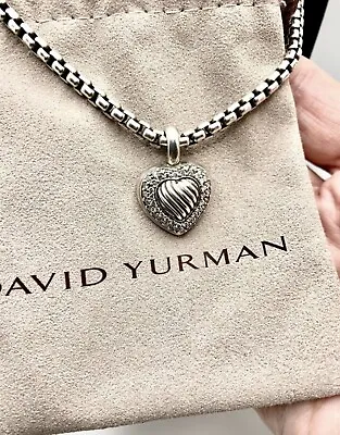 David Yurman 925 Sterling Silver Petite Pave Diamond Heart Pendant Necklace 16in • $865.99