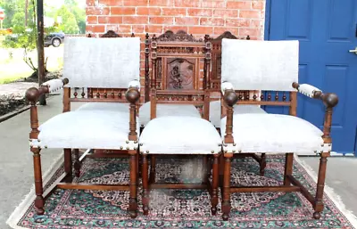 Set Of 6 French Antique Oak Britany  Upholstered Dining Chairs / New Fabric • $3200