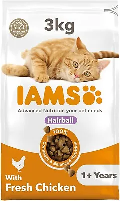 IAMS Hairball Complete Dry Cat Food For Adult And Senior Cats With Chicken 3kg • £21.99