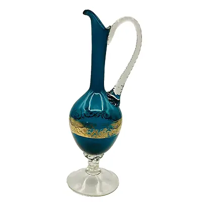 Venetian Empoli  Style Hand Blown Glass Teal Ewer Pitcher 13 1/4  H Vintage MCM • $24.95