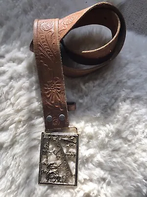 RARE B-LOW THE BELT Brass Buckle Paris Theme. With Tooled Leather. Lg. 36-40. • $39