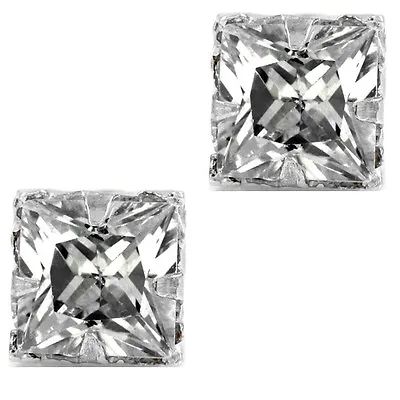 Square Princess Cut Clear CZ Sterling Silver Basket Magnetic Men Stud Earrings • $12.99