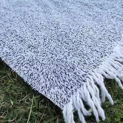 Chenille Throw Rug White Black Speckled Mid Century Fringed 42 X 26 Vintage 60s • $29.95